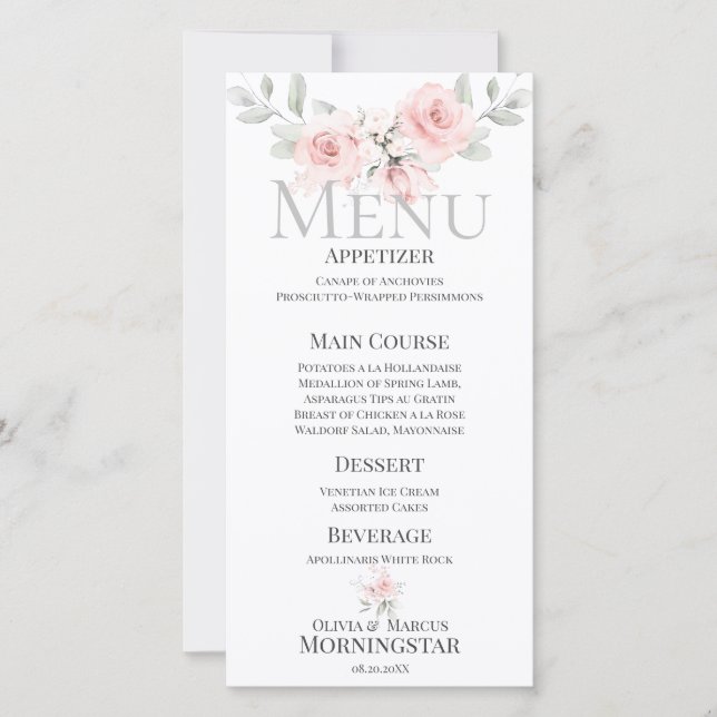 Romantic Pink Rose Bouquet Wedding Menu (Front)