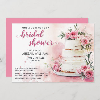 Romantic Pink Rose Cake Floral Bridal Shower Invitation