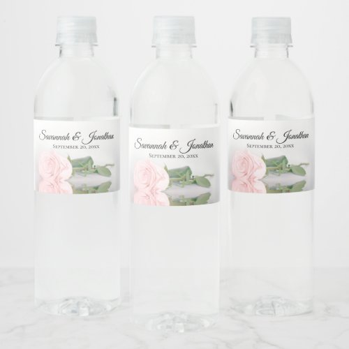 Romantic Pink Rose Couples Names Elegant Wedding Water Bottle Label