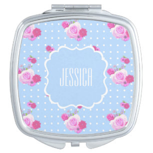 Romantic Pink Rose Custom Name Compact Mirror