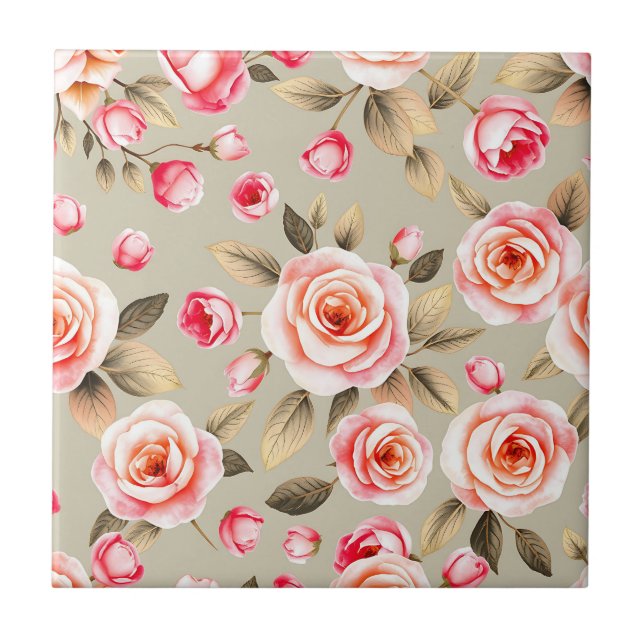 Romantic Pink Rose Floral Pattern Ceramic Tile (Front)