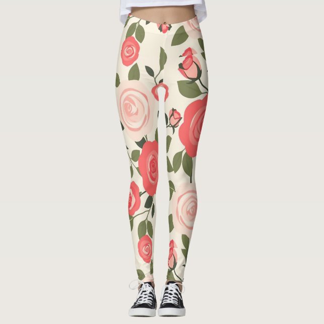 Romantic Pink Rose Floral Pattern Leggings (Front)