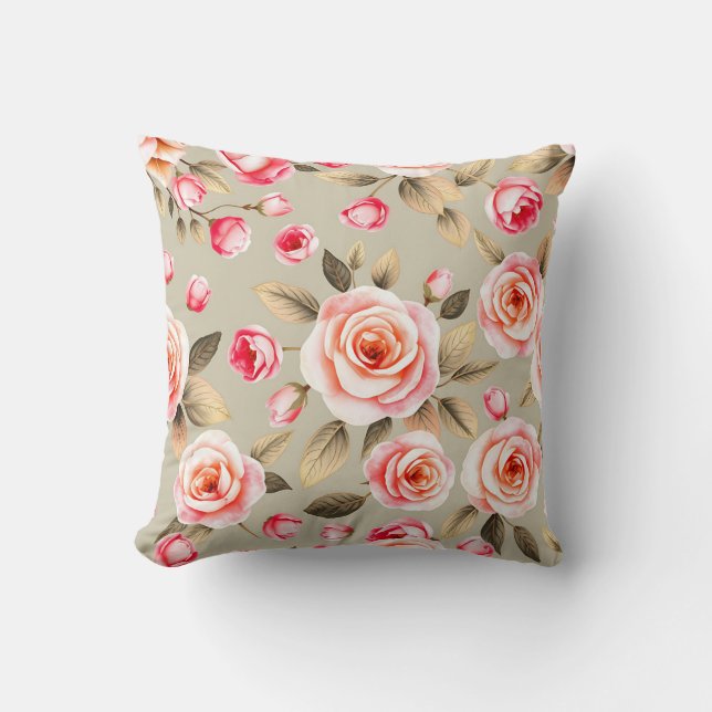 Romantic Pink Rose Floral Pattern Throw Pillow (Front)