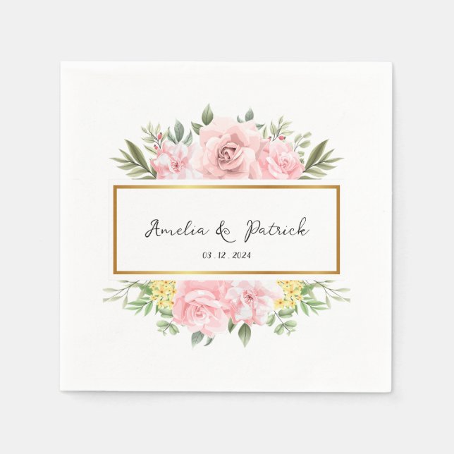 Romantic Pink Rose Floral Personalized Party Paper Napkins (Front)