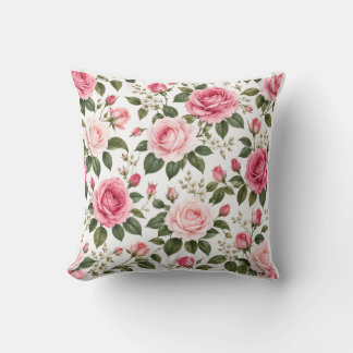 Romantic Pink Rose Floral Seamless Pattern Throw Pillow