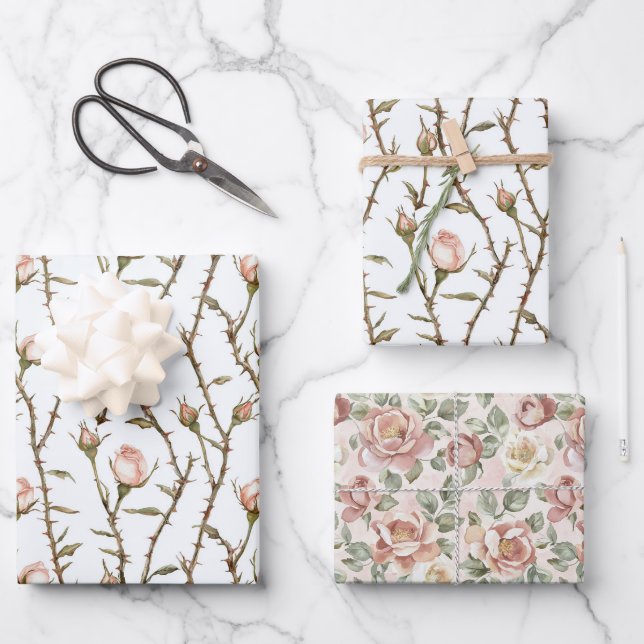 Romantic Pink Rose Flowers Birthday Wrapping Paper Sheets (Front)