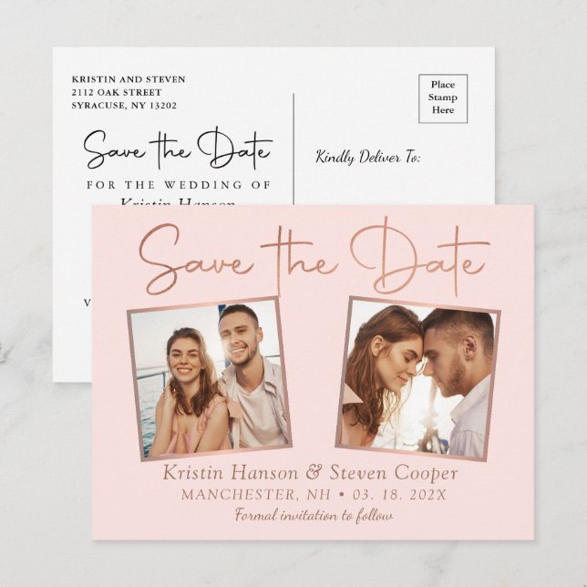 Romantic Pink Rose Gold 2 Photo Save The Date Postcard (Front/Back)
