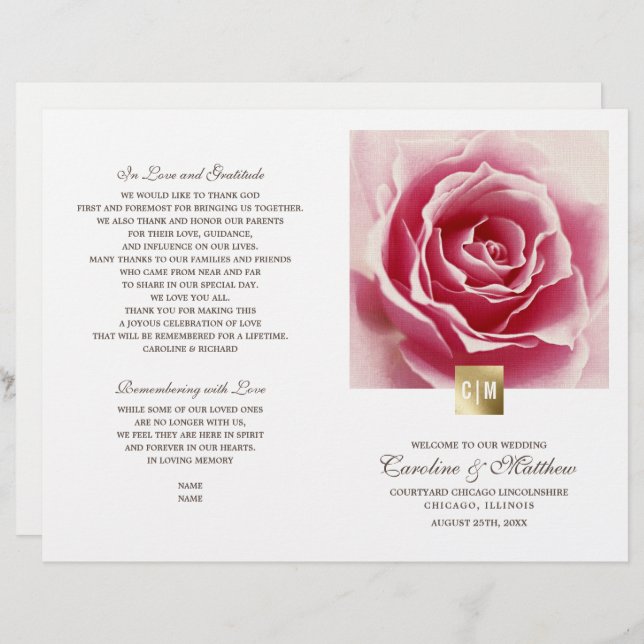 Romantic Pink Rose | Gold Foil Wedding Programs (Front/Back)