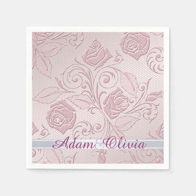 Romantic Pink Rose Lace Wedding Paper Napkins (Front)