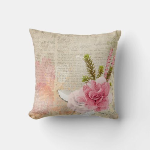 Romantic pink rose motif letter retro art on  throw pillow