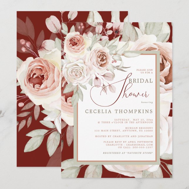 Romantic Pink Rose on Burgundy BRIDAL SHOWER  Invitation (Front/Back)