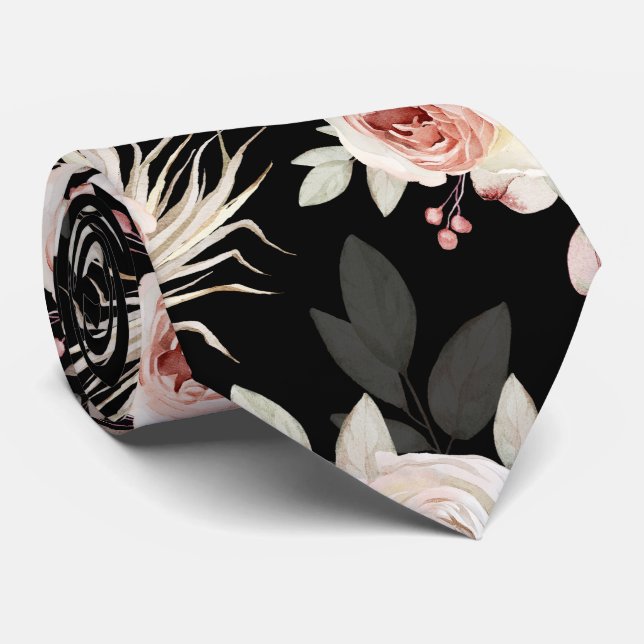 ROMANTIC PINK ROSE PATTERN on BLACK GROOMS  Neck Tie (Rolled)