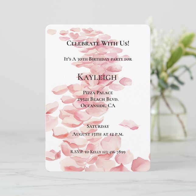 Romantic Pink Rose Petals Floral Birthday   Invitation (Standing Front)