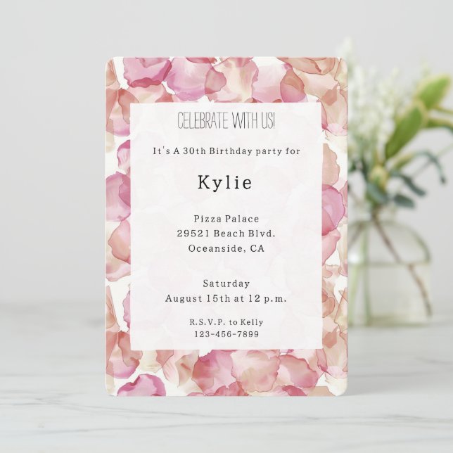 Romantic Pink Rose Petals Floral Birthday   Invitation (Standing Front)
