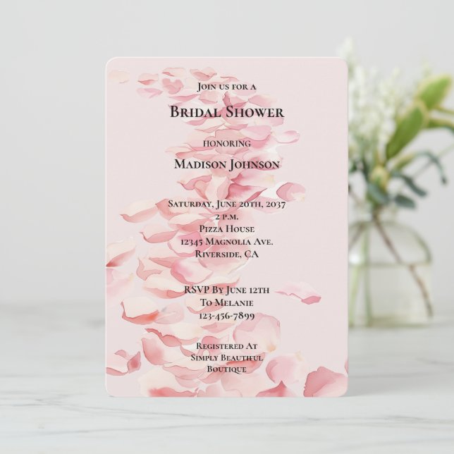 Romantic Pink Rose Petals Floral Bridal Shower Invitation (Standing Front)