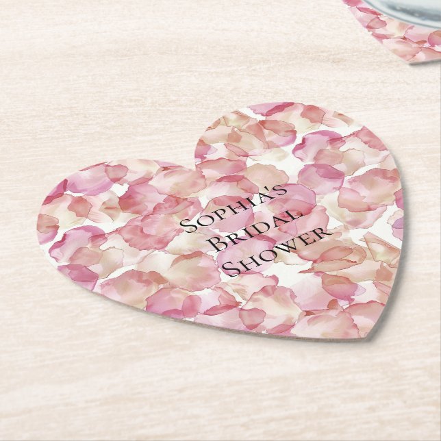 Romantic Pink Rose Petals Floral Bridal Shower Paper Coaster (Angled)