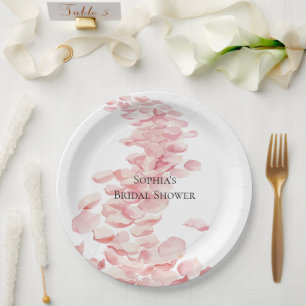 Romantic Pink Rose Petals Floral Bridal Shower Paper Plates