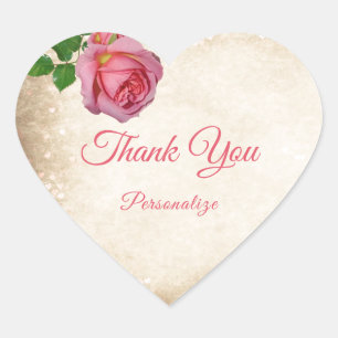 Romantic Pink Rose Thank You Personalize Heart Sticker