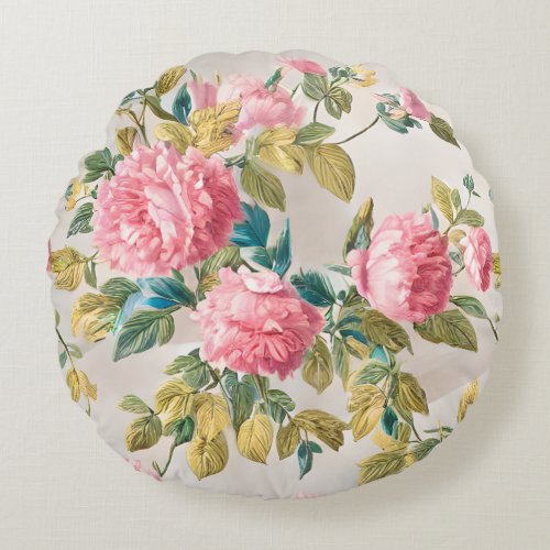 Romantic Pink Rose Victorian Floral Round Pillow