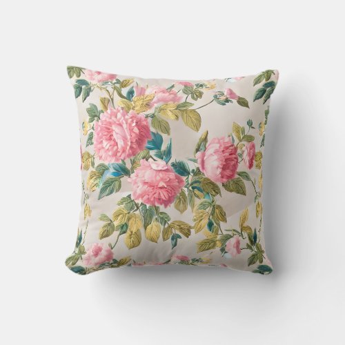 Romantic Pink Rose Victorian Floral Throw Pillow
