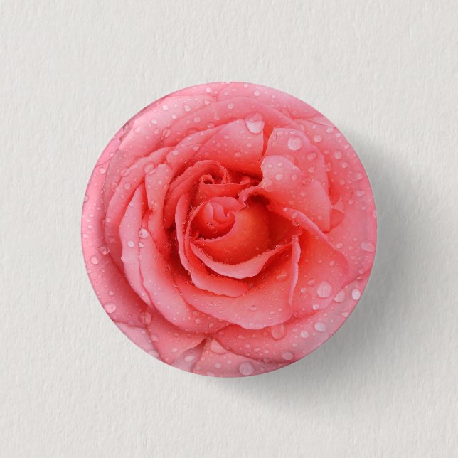 Romantic Pink Rose Water Drops Button (Front)