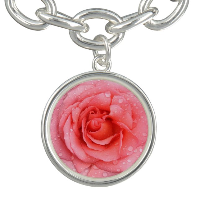 Romantic Pink Rose Water Drops Charm Bracelet (Design)