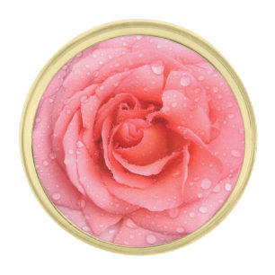 Romantic Pink Rose Water Drops Gold Finish Lapel Pin