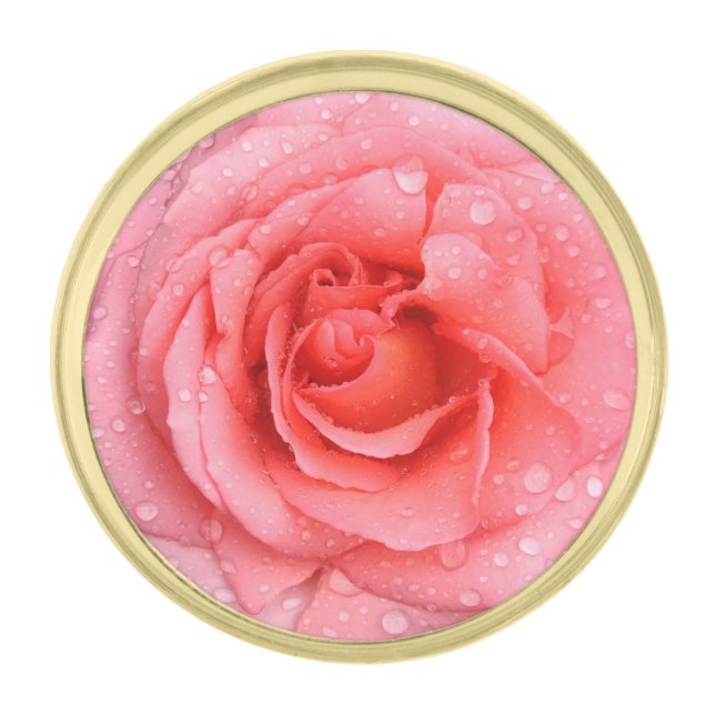 Romantic Pink Rose Water Drops Gold Finish Lapel Pin (Front)