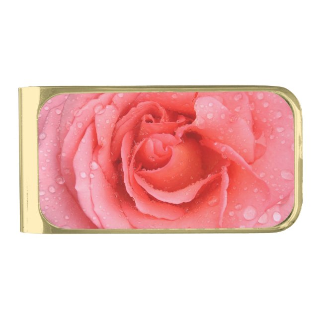 Romantic Pink Rose Water Drops Gold Finish Money Clip (Front)