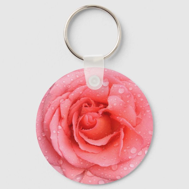 Romantic Pink Rose Water Drops Keychain (Front)