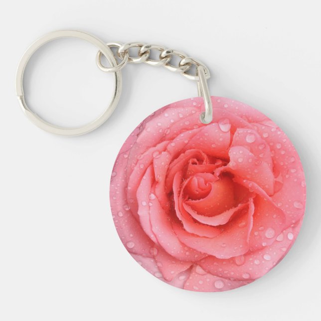 Romantic Pink Rose Water Drops Keychain (Front)