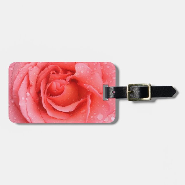 Romantic Pink Rose Water Drops Luggage Tag (Front Horizontal)