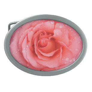 Romantic Pink Rose Water Drops Oval Belt Buckle