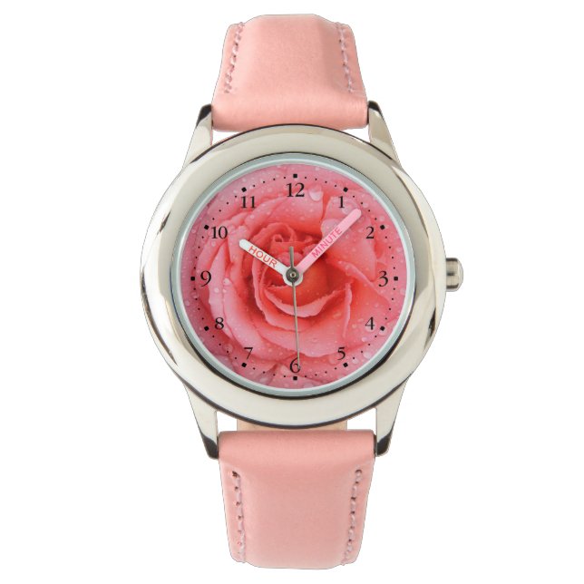Romantic Pink Rose Water Drops Watch (Front)