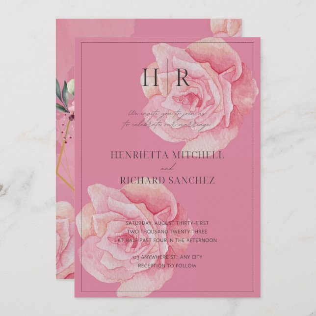 Romantic Pink Rose Wedding Invitation (Front/Back)