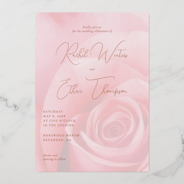 Romantic Pink Rose Wedding Invitation Foil Invitation (Front)
