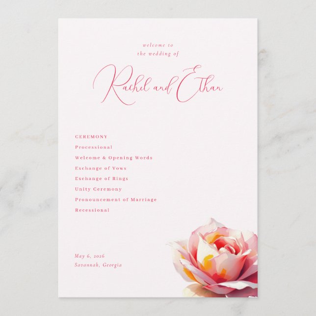 Romantic Pink Rose Wedding Program (Front)