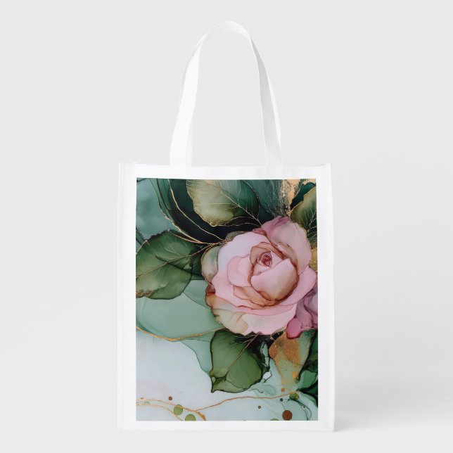 Romantic Pink Rose White Gold Floral  Grocery Bag (Front)