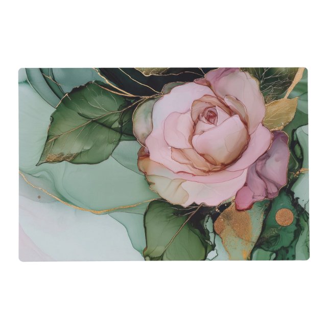 Romantic Pink Rose White Gold Floral  Placemat (Front)