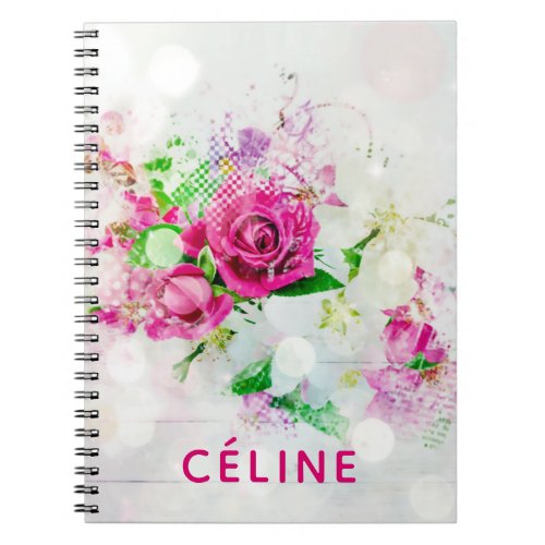 Romantic Pink Rose With Bokeh  Sparkles on White  Notebook