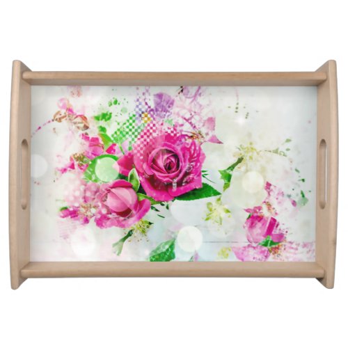 Romantic Pink Rose With Bokeh  Sparkles on White Serving Tray