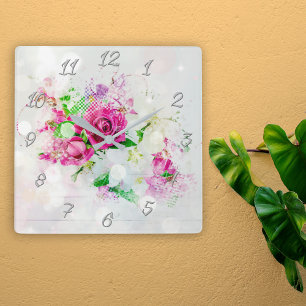 Romantic Pink Rose With Bokeh & Sparkles on White Square Wall Clock