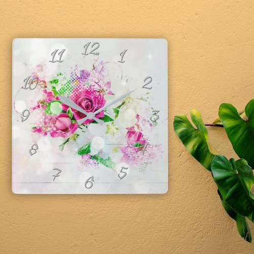 Romantic Pink Rose With Bokeh  Sparkles on White  Square Wall Clock