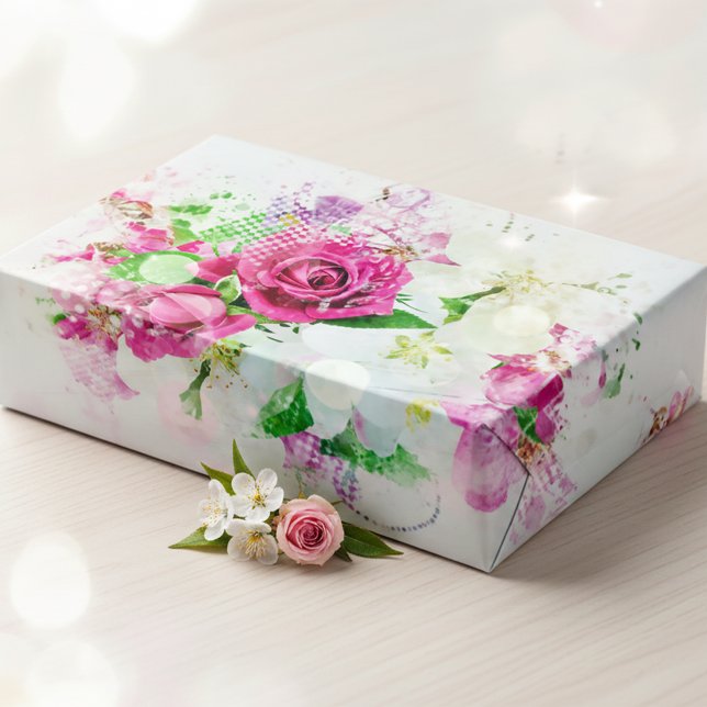 Romantic Pink Rose With Bokeh & Sparkles on White Wrapping Paper Sheets (Creator Uploaded)