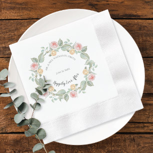 Romantic Pink Rose Wreath Wedding Paper Plates Napkins