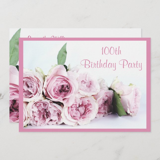 Romantic Pink Roses 100th Birthday Invitation (Front/Back)