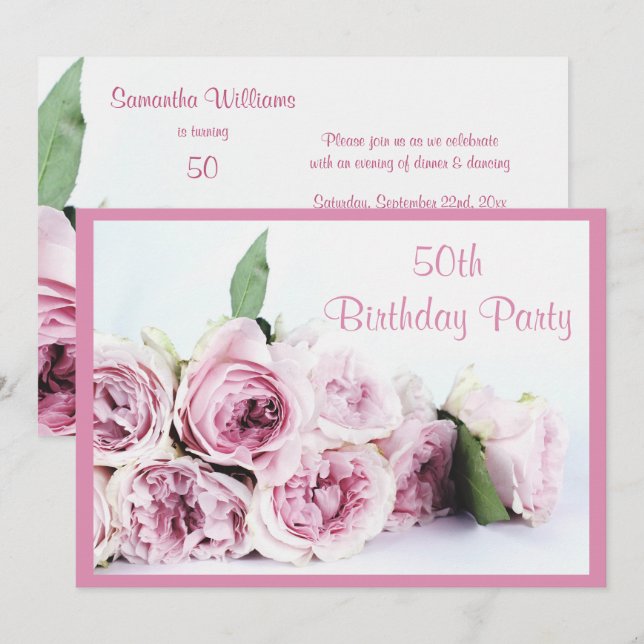 Romantic Pink Roses 50th Birthday Invitation (Front/Back)