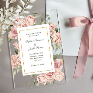 Romantic Pink Roses and Gold   Wedding Acrylic Invitations