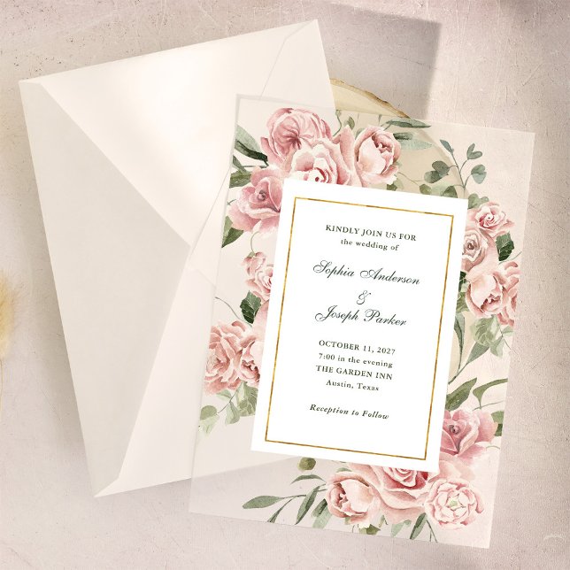 Romantic Pink Roses and Gold | Wedding Vellum Invitations (Creator Uploaded)