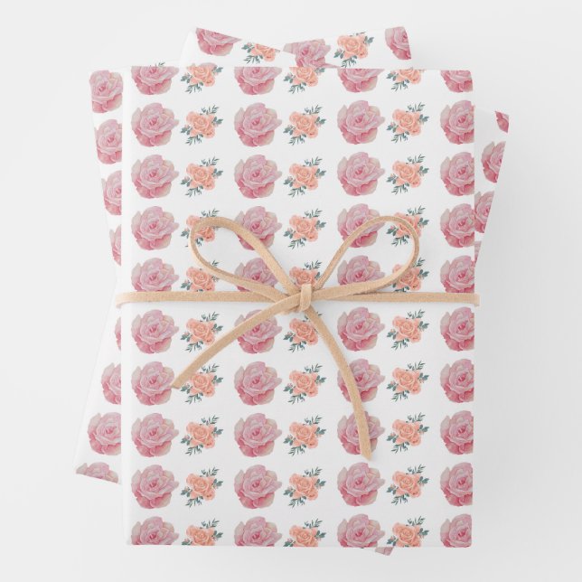 Romantic Pink Roses and Peach Blossoms  Wrapping Paper Sheets (In situ)